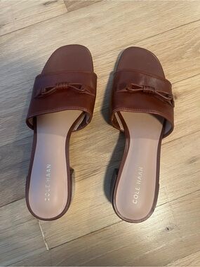Cole Haan Chestnut Brown Leather Slide Mules with Knotted Strap